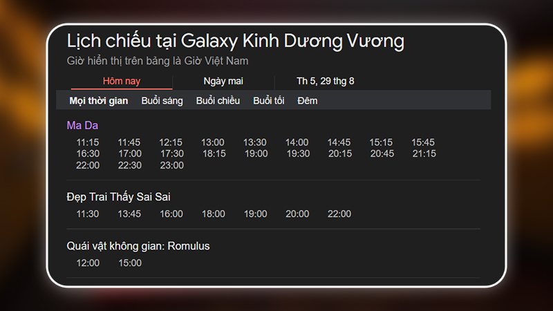 Lịch chiếu tại Galaxy Kinh Dương Vương