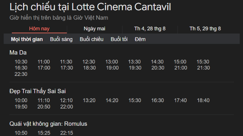 Lịch chiếu phim tại Lotte Cinema Cantavil